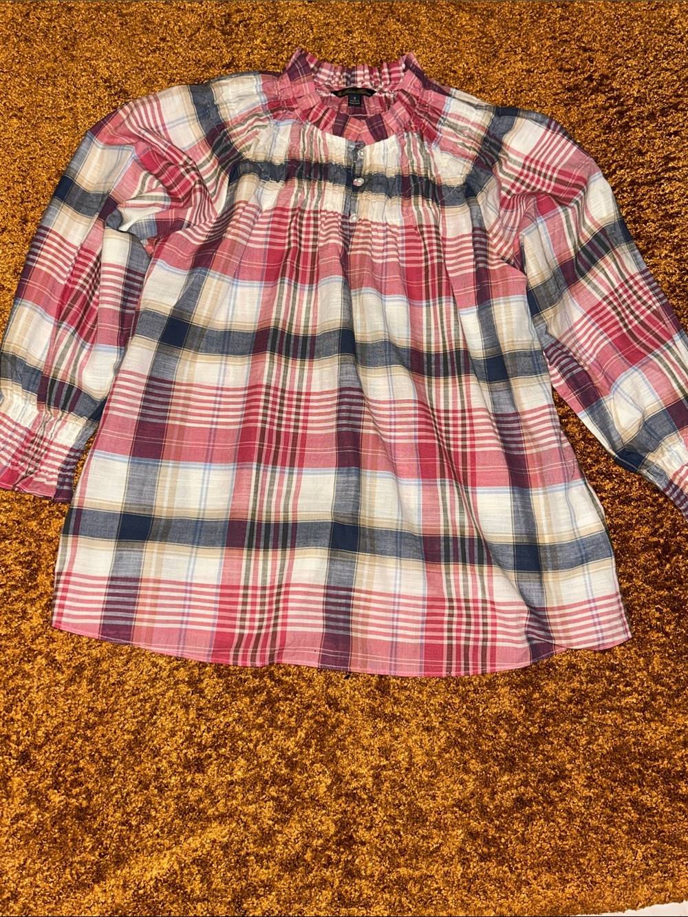 Brooks Brothers Pink Navy Cream Plaid Smocked Yoke Blouse